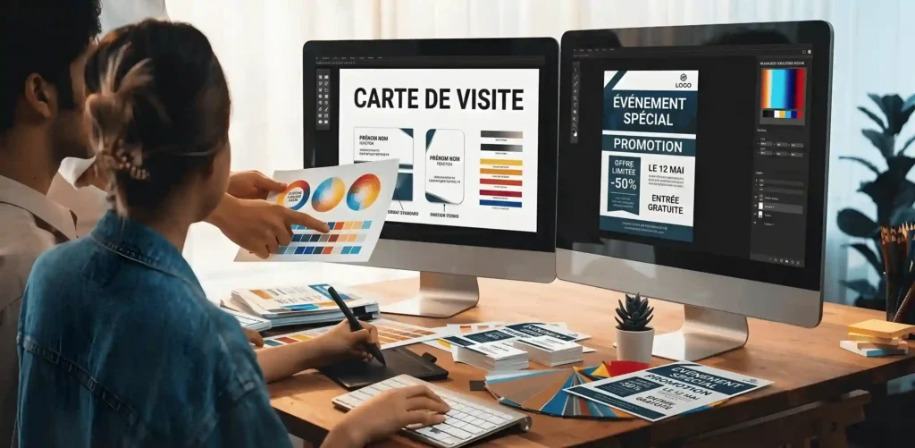 Charte graphique complète et déclinaison de logo sur différents supports de communication.